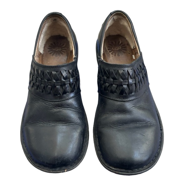 UGG Anila Black Leather Wool Lined Slip On Clog Size 9 - Picture 2 of 11